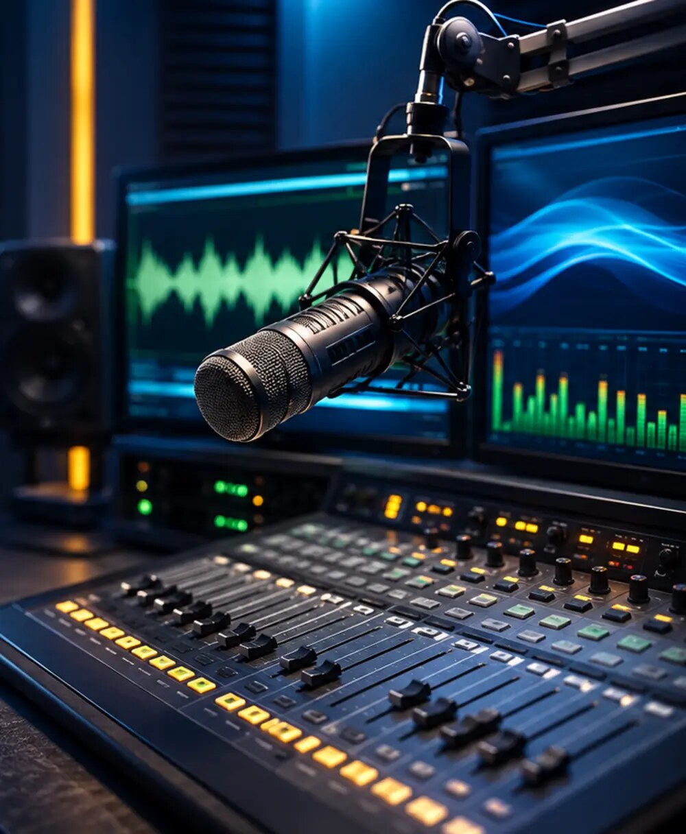 Microfone e mesa de som em um estúdio de rádio